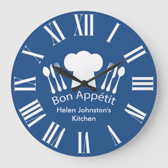 Gourmet Kitchen Bon Appetit Blue and White Large Clock (Front)