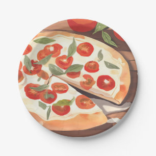 Gourmet Pizza   Tomato Greens Watercolor Paper Plate