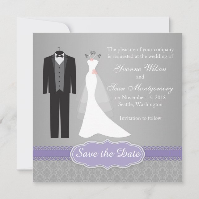 Gown, tuxedo on grey Save the Date Invitation (Front)