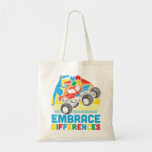 Grab this cute Trex Monster Truck Embrace Differen Tote Bag