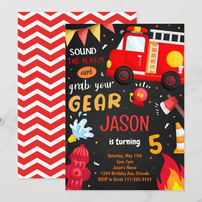 Grab Your Gear Fire Truck Birthday Invitation (Front/Back)