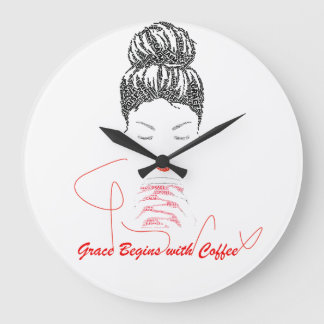 Grace Begins with Coffee Typography Large Clock