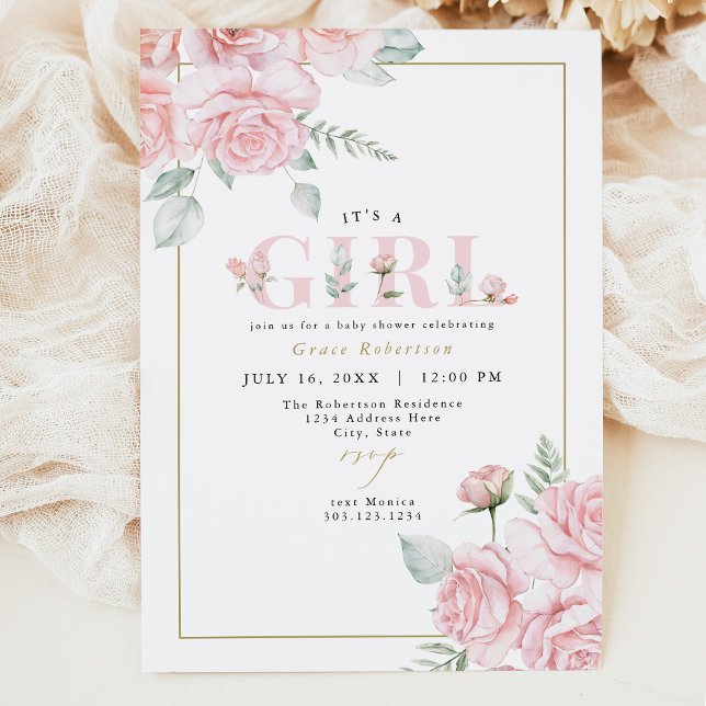 GRACE Blush Floral Gold It's a Girl Baby Shower Invitation (Creator Uploaded)
