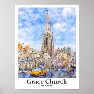 Grace Church New York Travel Watercolor Hand Drawn Poster