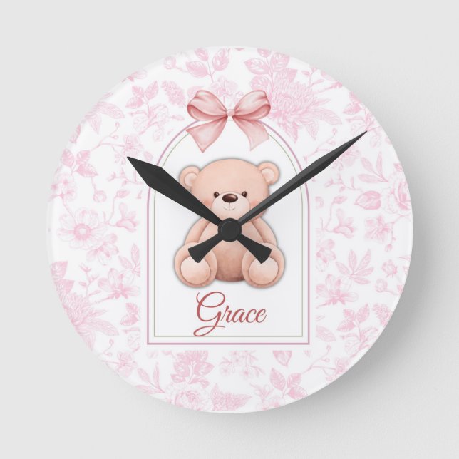 Grace | Custom Pink Teddy Bear Nursery Design  Round Clock (Front)