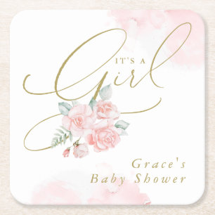 GRACE Elegant Blush Floral It's a Girl Baby Shower Square Paper Coaster