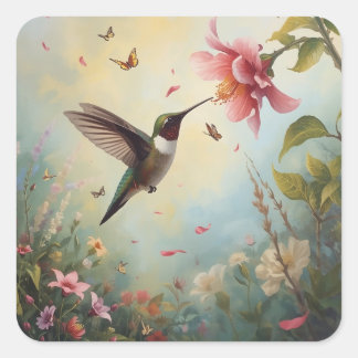 Grace in Stillness: Traditional Hummingbird Hover Square Sticker