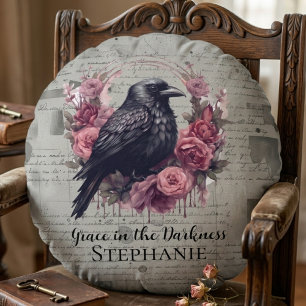 Grace in the Darkness Vintage Raven Floral Round Pillow