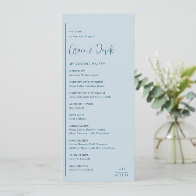 Grace Muted Blue Modern Wedding Program (Standing Front)