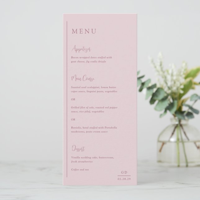 Grace Muted Pink Modern Wedding Menu (Standing Front)