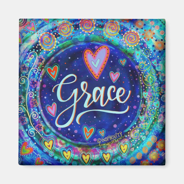Grace Pretty Floral Whimsical Inspirational Blue Magnet (Front)