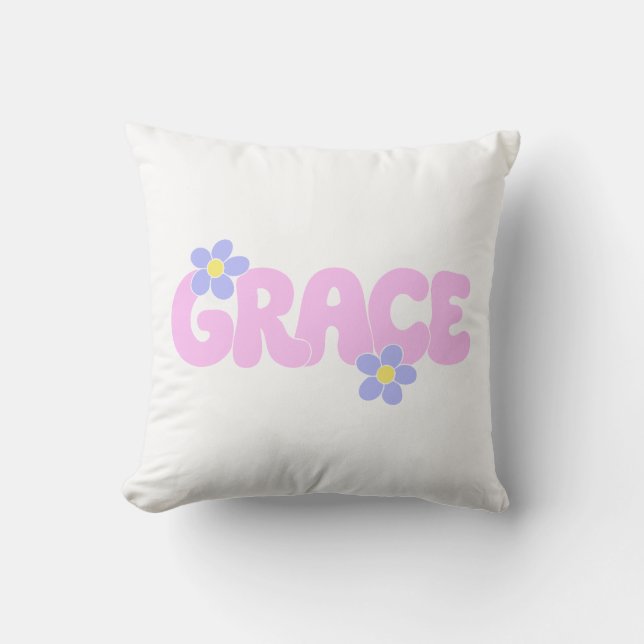 Grace Retro Groovy Flower Power Aesthetic Text Throw Pillow (Front)