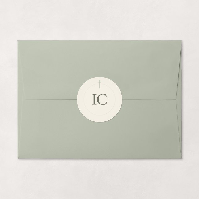 Grace Sage Monogram Cross Classic Round Sticker (Grace | Sage - Minimal Cross Monogram Sticker Shown on Envelope)