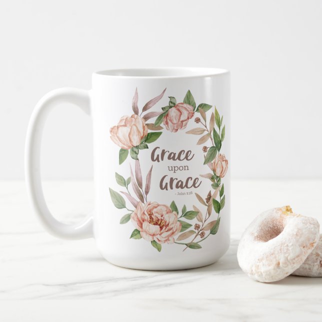 Grace Upon Grace - John 1:16 - Floral Coffee Mug (With Donut)
