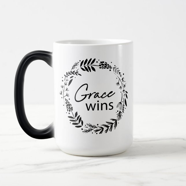 Grace Wins Black Wreath Magic Mug (Left)