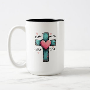 Grace Wins Every Time Rustic Cross Two-Tone Coffee Mug