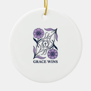 Grace Wins Floral Christian Vintage Engraving Tee_ Ceramic Ornament
