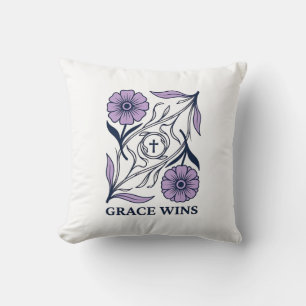 Grace Wins Floral Christian Vintage Engraving Tee_ Throw Pillow