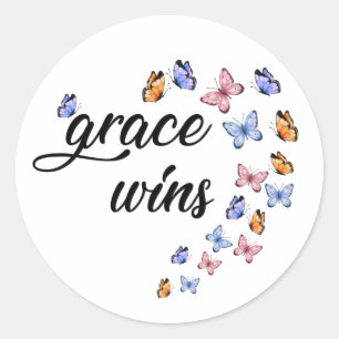 Grace Wins Inspirational Faith Butterflies Classic Round Sticker
