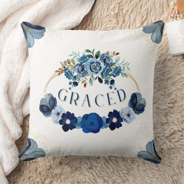 GRACED Blue Gold Floral Garden Wreath Elegant Throw Pillow (Blanket)