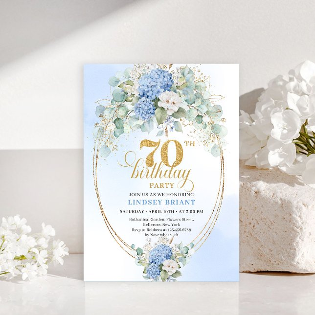 Graceful 70th Birthday Blue Hydrangea Gold Invite (Graceful 70th Birthday Blue Hydrangea Gold Invitation)