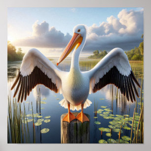 Graceful American White Pelican in Serene Wetlands Poster