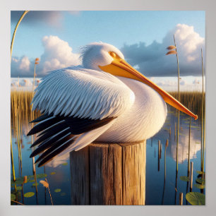 Graceful American White Pelican in Serene Wetlands Poster