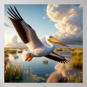 Graceful American White Pelican in Serene Wetlands Poster