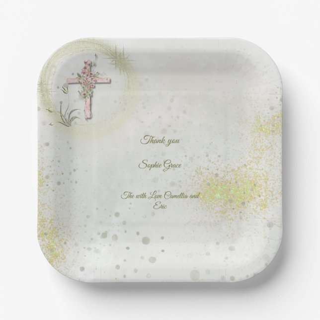 Graceful and sparkly cross baptism paper plates  (Front)