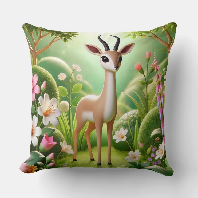 Graceful Antelope Amid Blooming Flora Throw Pillow (Front)