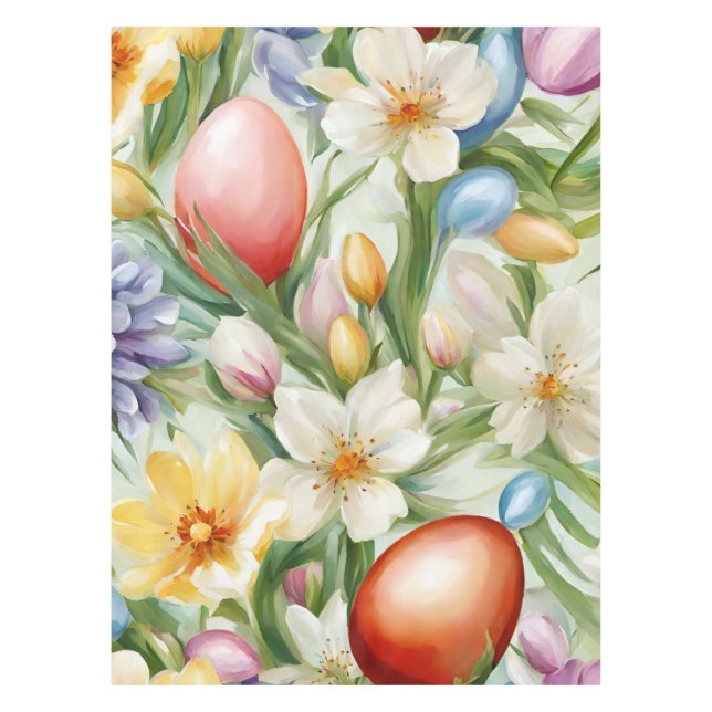 Graceful Apple Blossom, Tulips and Easter Eggs Tablecloth (Front)