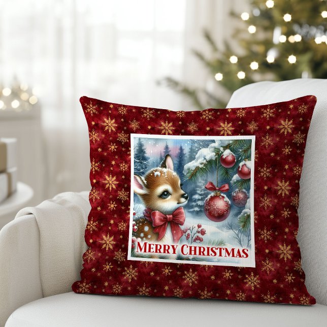 Graceful baby deer snowy forest festive Christmas  Throw Pillow (Graceful baby deer snowy forest festive Christmas pillow)