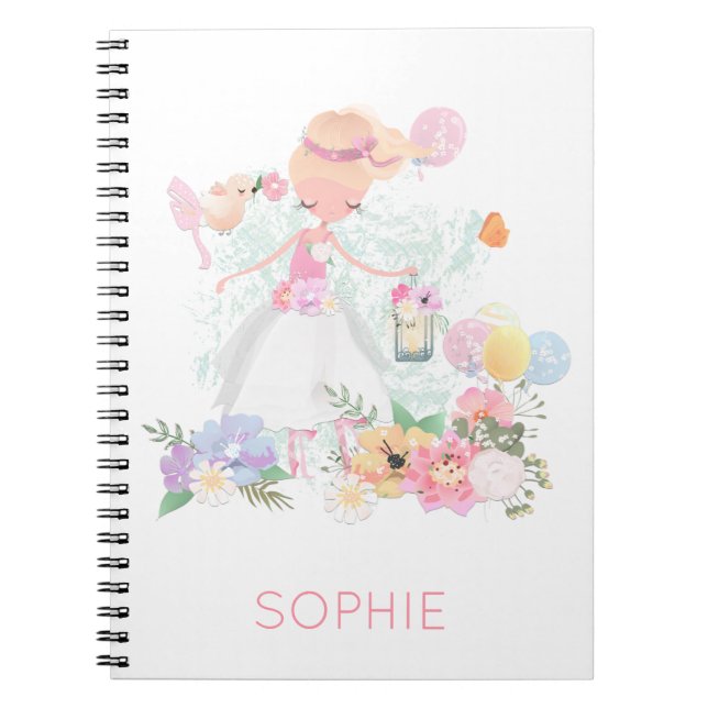Graceful Ballerina Bird Florals Name Pink White Notebook (Front)