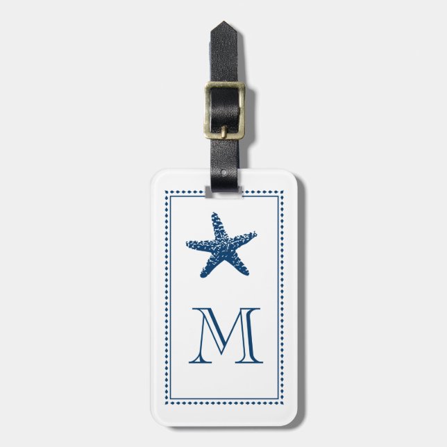 Graceful Beach Starfish Monogram BLUE Luggage Tag (Front Vertical)