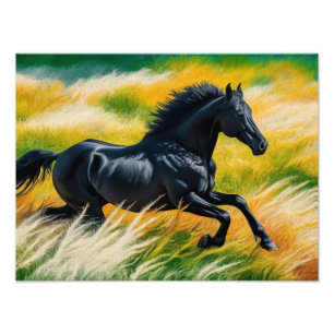 Graceful Black Horse Galloping in Vibrant Field of Photo Print