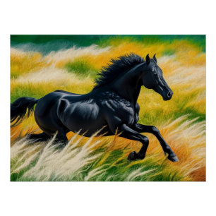  Graceful Black Horse Galloping in Vibrant Field  Poster