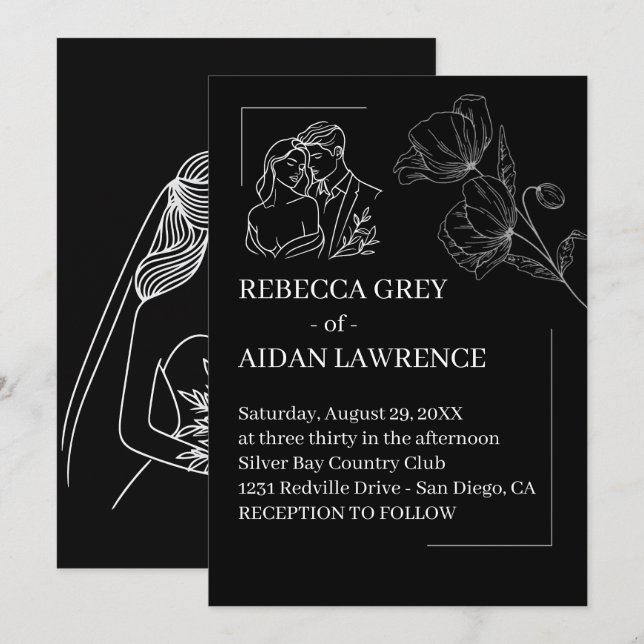 Graceful Black White Overlay Wedding  Invitation (Front/Back)