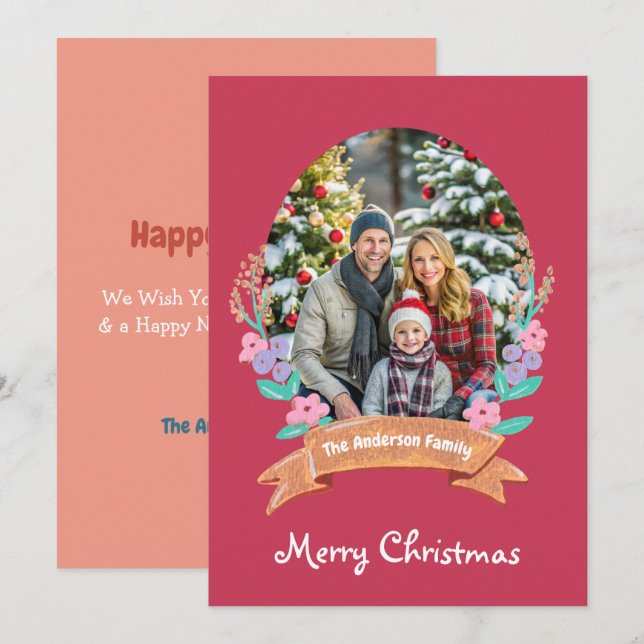 Graceful Blossoms Floral Wreath Xmas red photo Holiday Card (Front/Back)