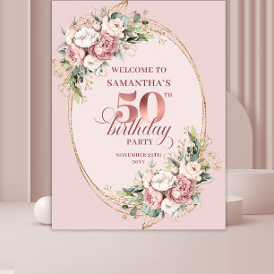 Graceful Blush Floral Greenery 50th Birthday Backd Tapestry