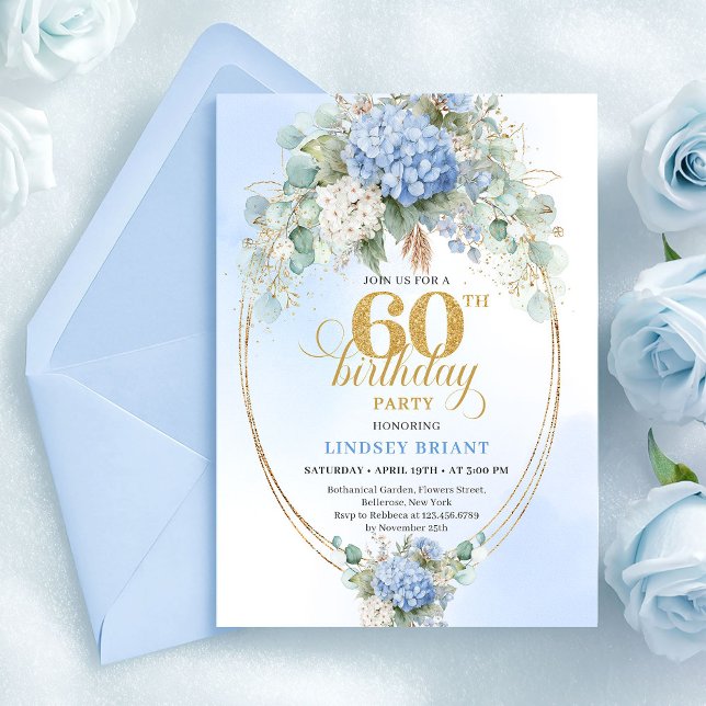 Graceful Bohemian Soft Blue Gold 60th Birthday Invitation (Graceful Bohemian Soft Blue Gold 60th Birthday)