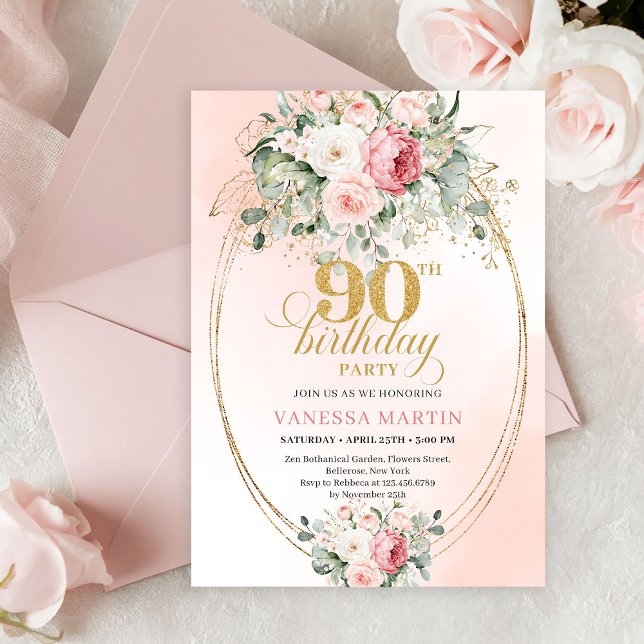 Graceful Boho Blush Floral Greenery Gold Birthday Invitation (Graceful Boho Blush Floral Greenery Birthday Invitation)