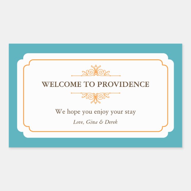 Graceful border orange blue out of town gift bag sticker (Front)