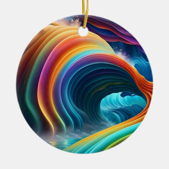 Graceful Bright Rainbow Waterfall Ceramic Ornament (Front)