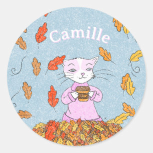 Graceful Cat Fall Kid Sticker with Name