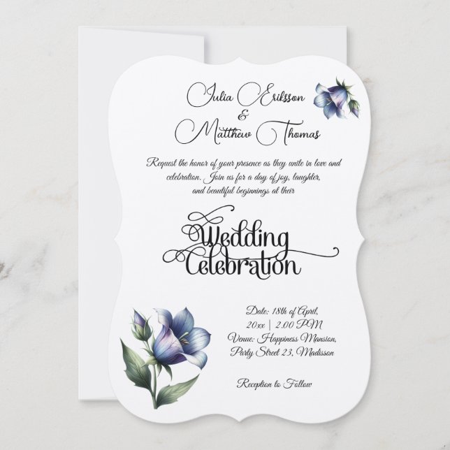 Graceful Celebration of Love with Elegant Bellflow Invitation (Front)