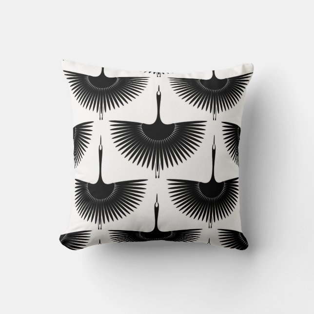 Graceful Crane: Oriental Bird Pattern Throw Pillow (Front)