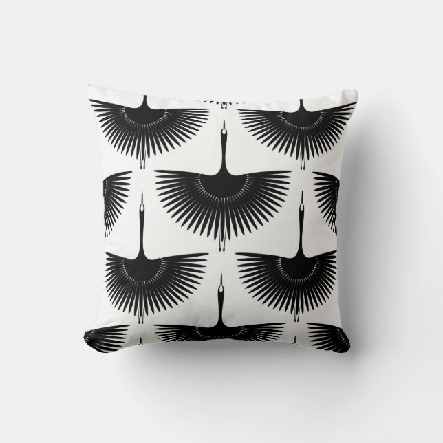 Graceful Crane: Oriental Bird Pattern Throw Pillow (Front)