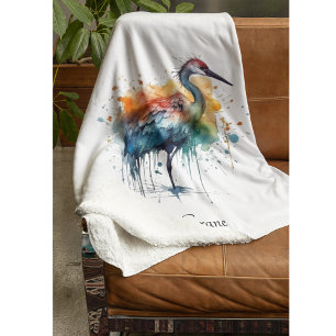 Graceful Crane: Watercolor Art, custom Fleece Blanket