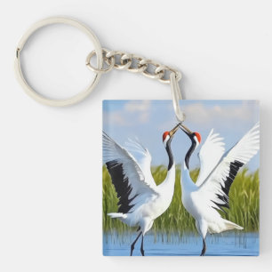Graceful Dance of Red-Crowned Cranes Keychain