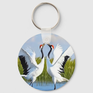 Graceful Dance of Red-Crowned Cranes Keychain